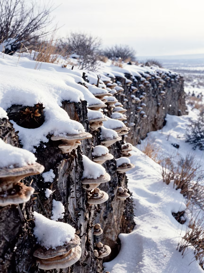 Shiitake Log on New Mexico Cliff in Winter Snow in along a salt-sprayed cliff edge in New Mexico