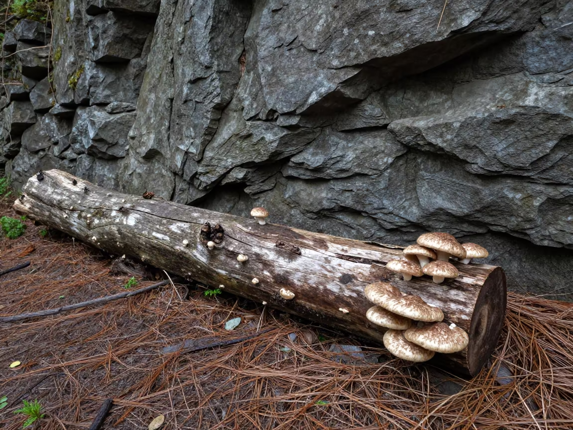 Shiitake Log on Salt Spray Cliff Edge in along a salt-sprayed cliff edge near Manchester