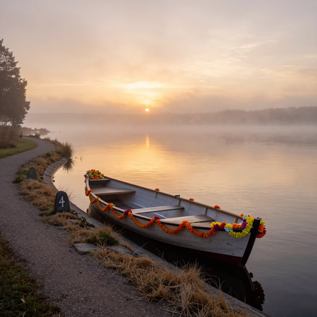 Shikara Boat with Flowers on Danish Lake at Sunset in along a switchback approach in Denmark