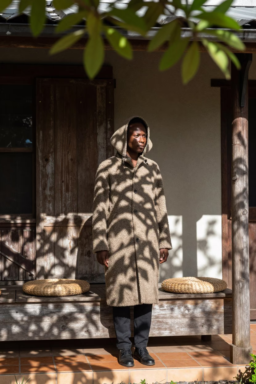 Shikoku Ken on Port Elizabeth Porch in on a shaded front porch with boards, railings, and eye-level framing near Port Elizabeth