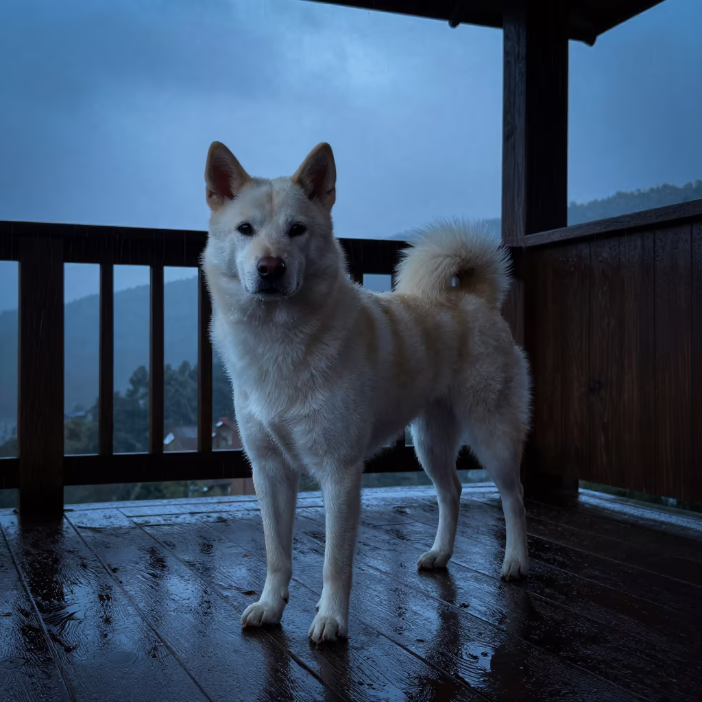 Shikoku Ken on Shaded Porch in Kabwe in on a shaded front porch with boards, railings, and eye-level framing in Kabwe