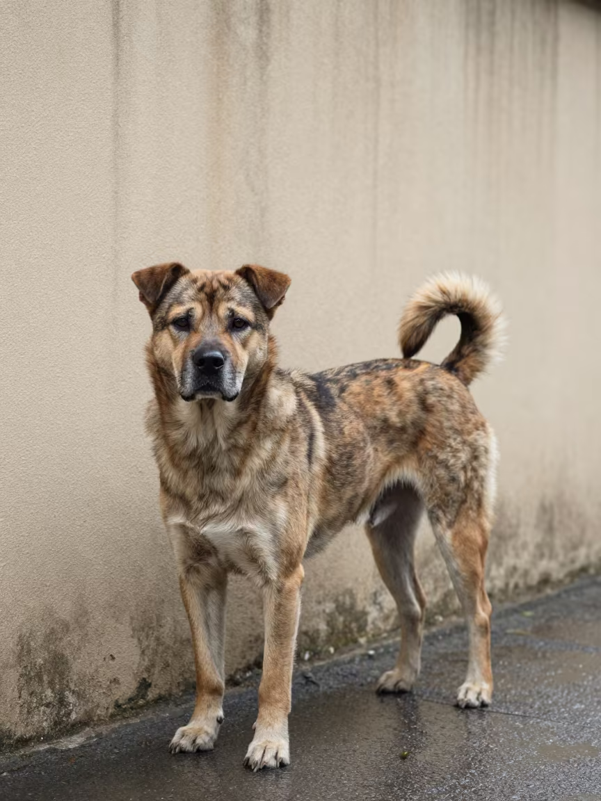 Shikoku Ken Portrait Courtyard Wall Midsummer Light in beside a plain courtyard wall in clear daylight with the animal at eye level in Taiyuan
