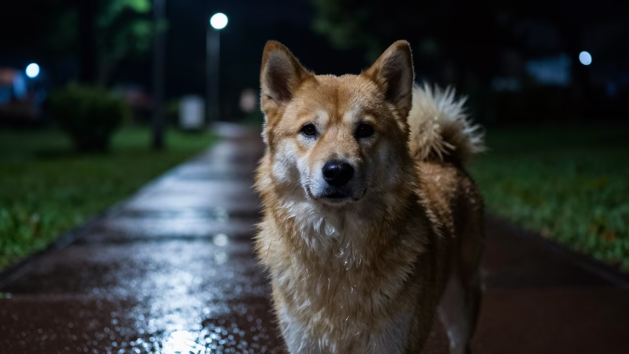 Shikoku Ken Portrait in Visakhapatnam Night Rain in along a quiet park path with soft open shade and a clean background in Visakhapatnam