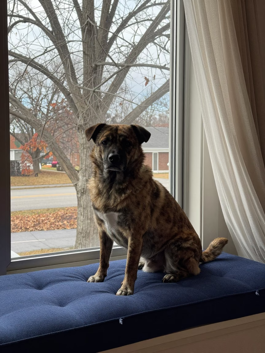 Shikoku Ken Portrait on Cushioned Window Seat in on a cushioned window seat with soft side light and an uncluttered background in Minneapolis