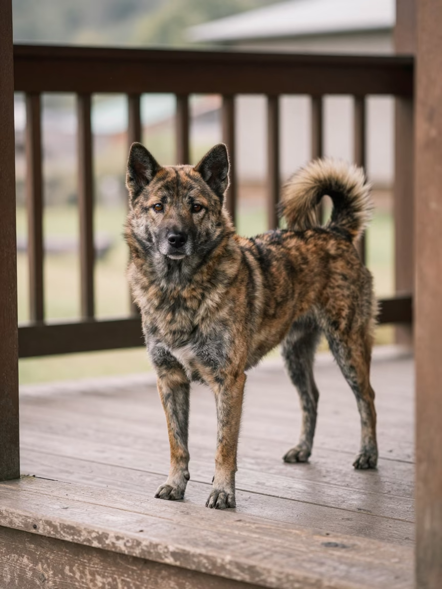 Shikoku Ken Portrait on Loja Porch in on a shaded front porch with boards, railings, and eye-level framing near Loja