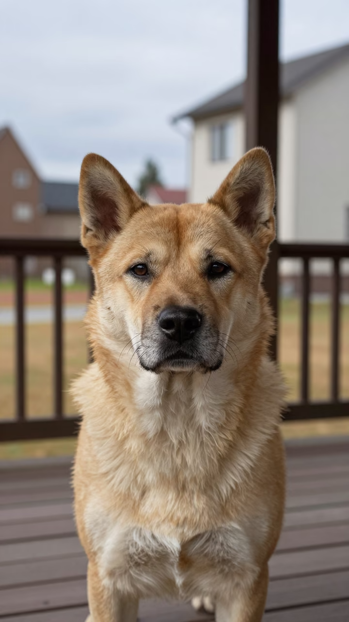 Shikoku Ken Portrait on Shaded Dortmund Porch in on a shaded front porch with boards, railings, and eye-level framing in Dortmund