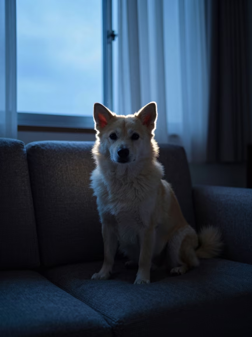 Shikoku Ken Portrait on Sofa in Blue Hour Light in on a sofa near a curtained window with calm indoor light near Nadiad