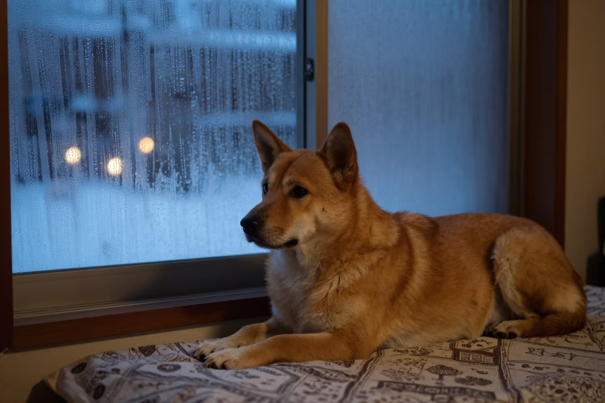 Shikoku Ken Resting by Window in Winter in on a bedspread near a bright window with calm indoor light near Khenifra