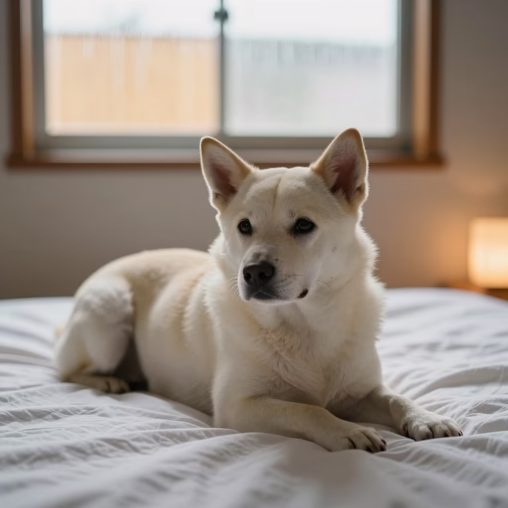 Shikoku Ken Resting on Bedspread in Warri in on a bedspread near a bright window with calm indoor light in Warri