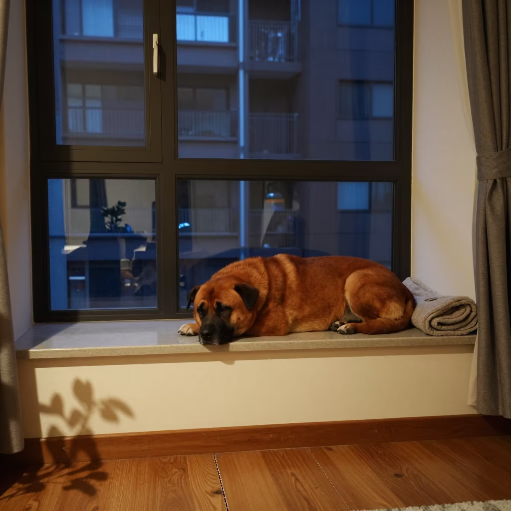 Shikoku Ken Resting on Taipei Window Seat in on a window seat in a quiet apartment with soft side light in Taipei