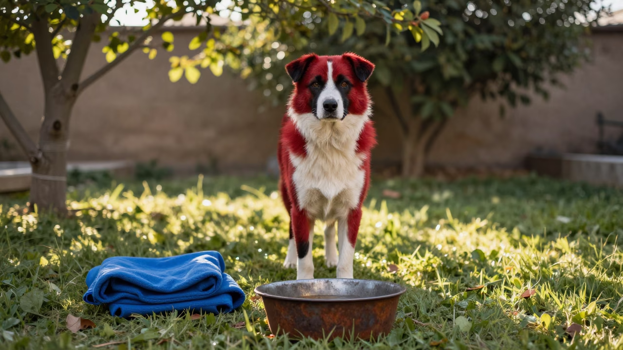 Shikoku Ken Standing in Al Diwaniyah Yard in in a small yard with clipped grass, calm light, and the animal centered in frame near Al Diwaniyah