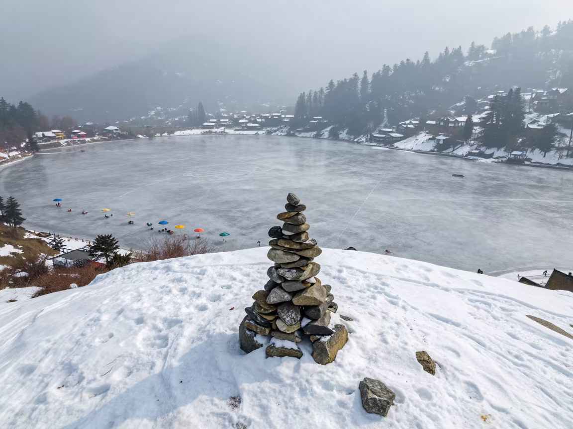 Shimla Summit Mist Aerial Umbrella Map in beside a summit cairn above the tree line near Shimla