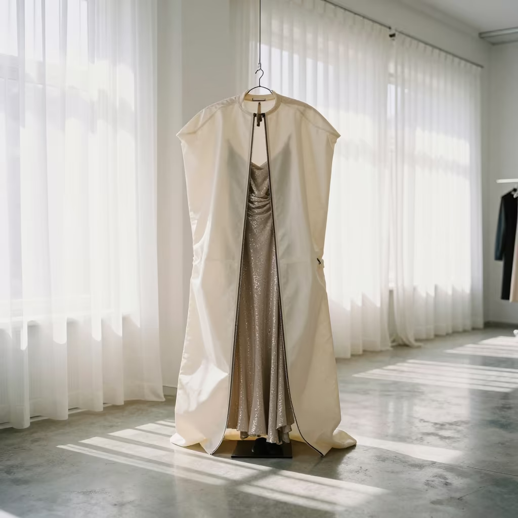 Shimmering Runway Dress in Minimalist Balıkesir Showroom in inside a minimalist showroom near Balıkesir
