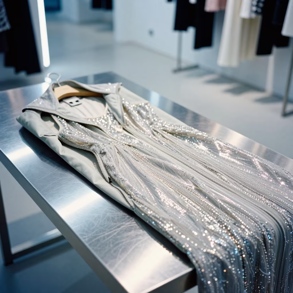 Shimmering Runway Dress Unzipped in Lanzhou Showroom in inside a minimalist showroom in Lanzhou
