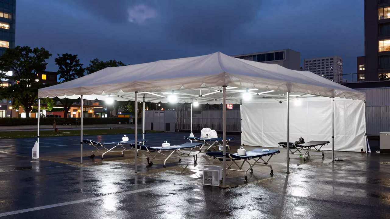 Shinsekai Field Clinic Canopy at Twilight in beneath a field clinic canopy in Shinsekai, Osaka