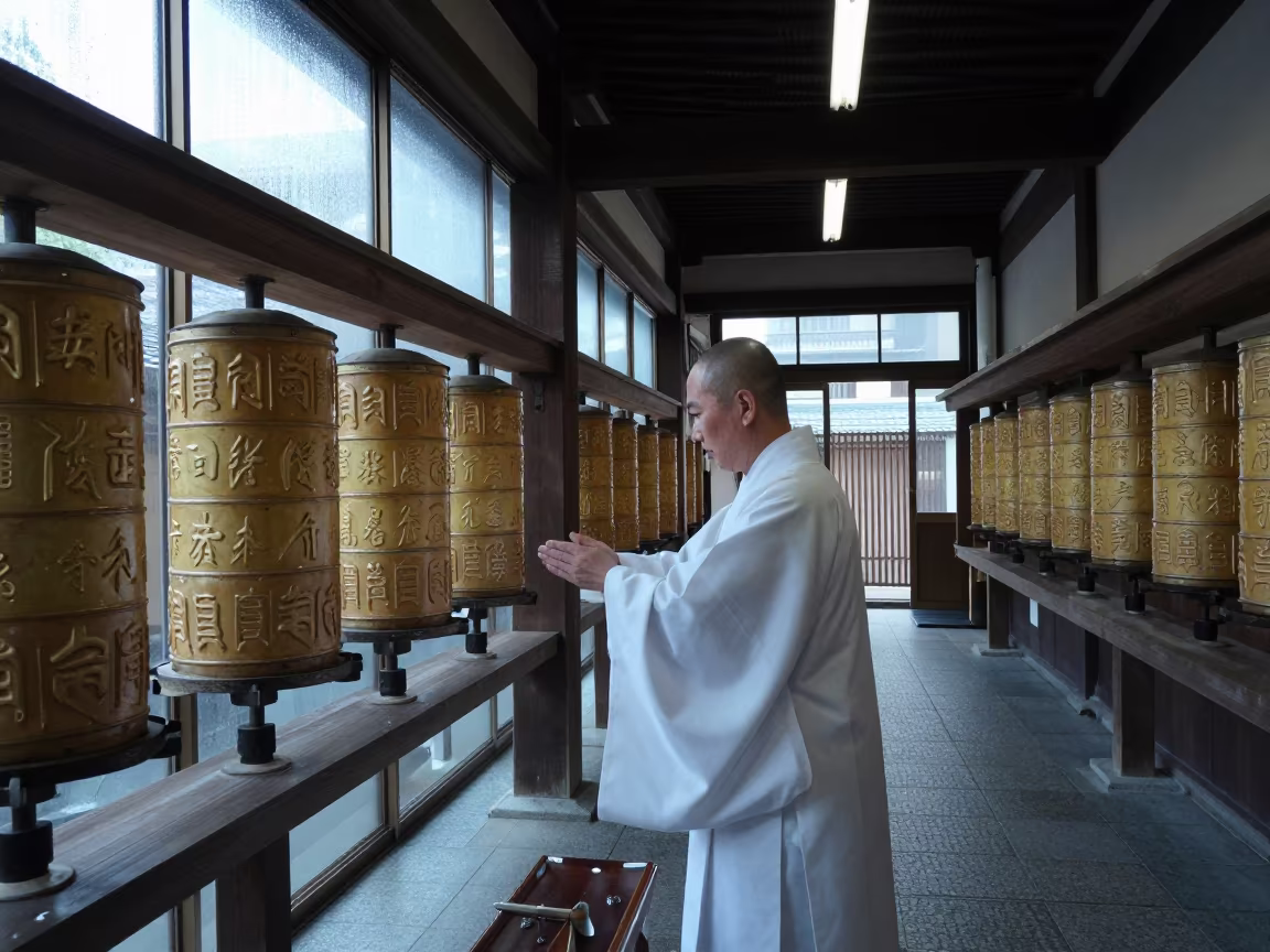 Shinto Priest Dawn Purification Osaka in beside a prayer wheel corridor in Namba, Osaka
