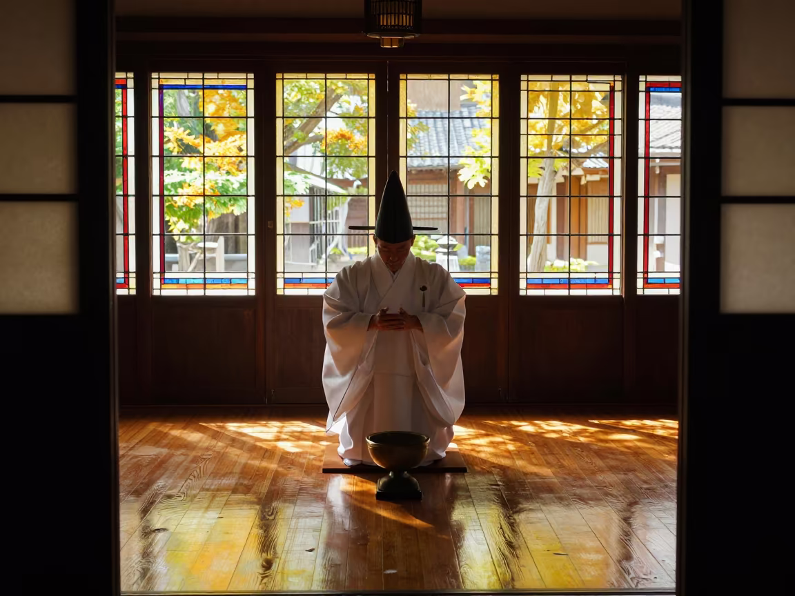 Shinto Priest Purification Ritual Golden Hour in in a chapel lit by stained glass in Tokyo