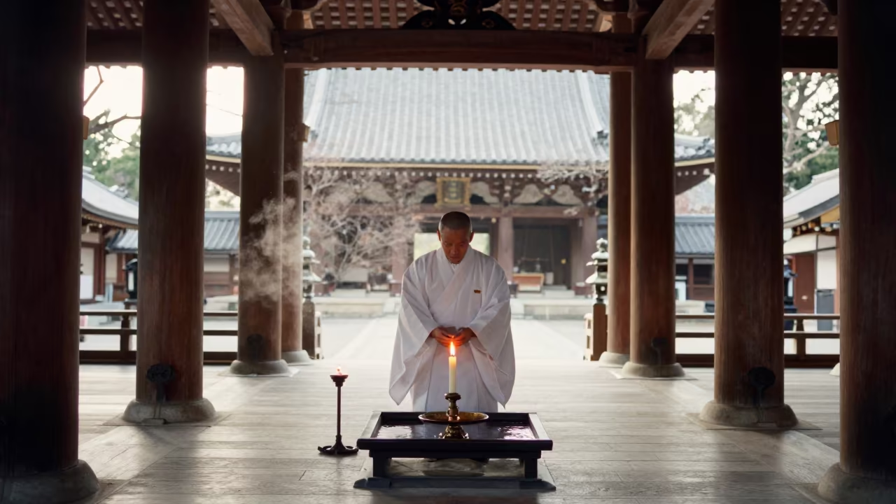 Shinto Priest Purification Ritual in Nara Nave in inside a candlelit nave in Nara