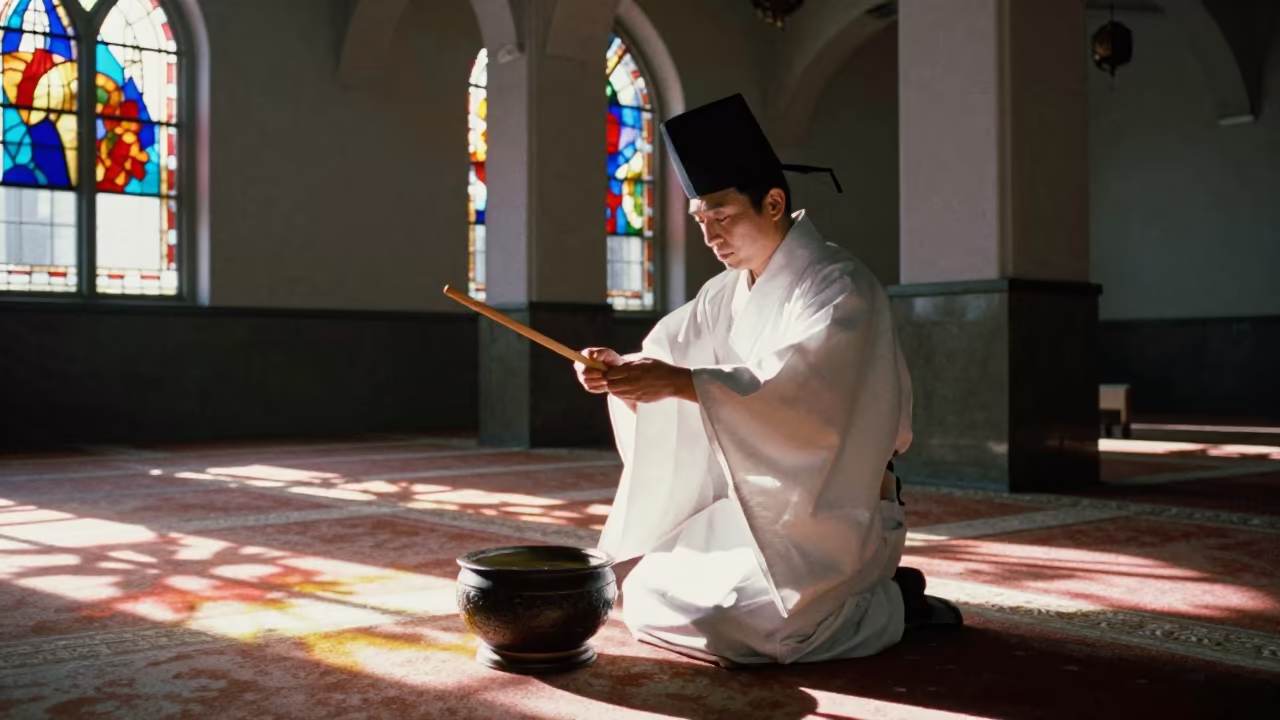 Shinto Priest Purification Ritual in Osaka Mosque in in a mosque prayer hall in Umeda, Osaka