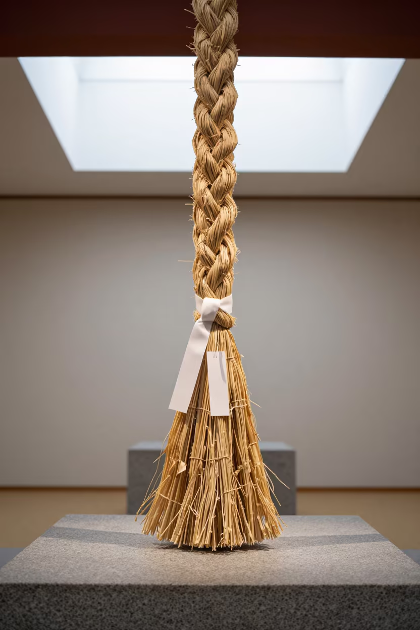 Shinto Sacred Rope on Stone Plinth in on a museum plinth in Tokyo