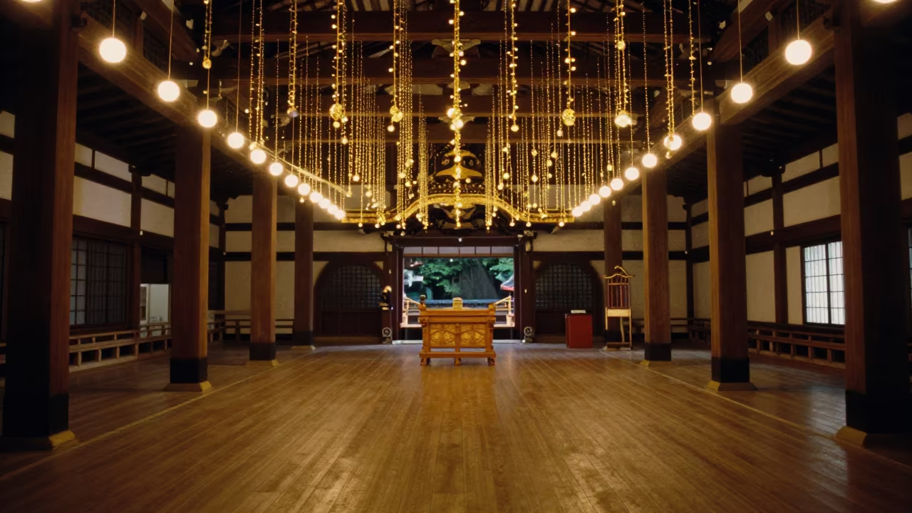 Shinto Shrine Mosque Kyoto Night String Lights in in a mosque prayer hall in Kyoto