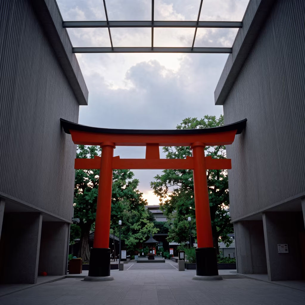 Shinto Torii Gate in Concrete Tokyo Lobby in inside a ribbed concrete lobby in Tokyo