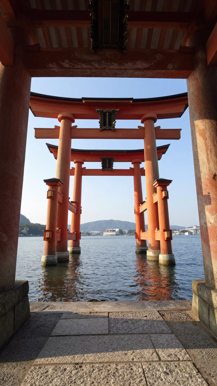 Shinto Torii Gate in Shallow Water Nara in inside a skylit passageway near Nara