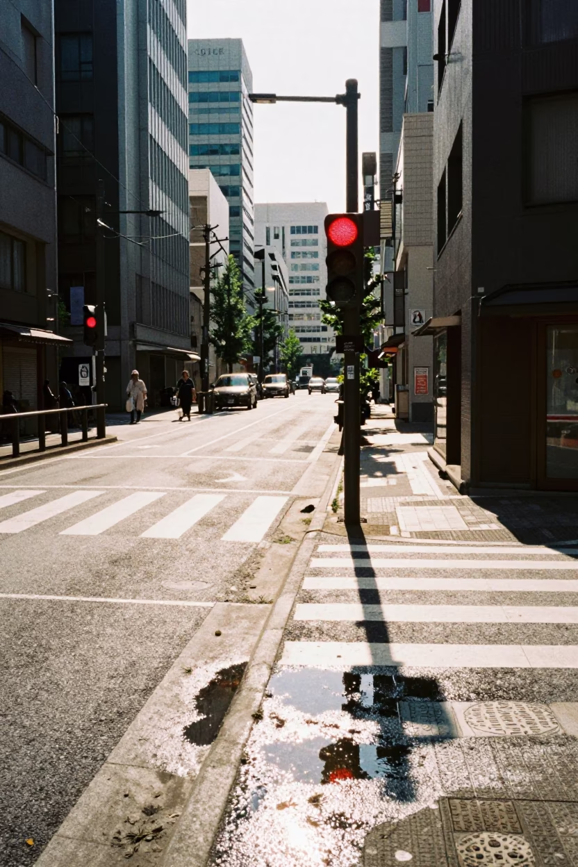 Shiny Osaka Street Scene Midday with Reflective Puddles and Urban Details in in Osaka, Japan