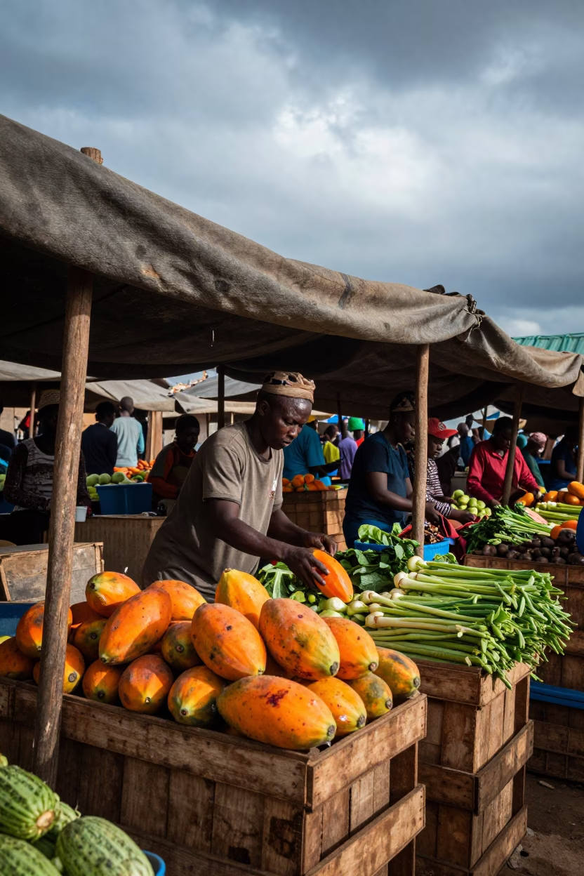 Shinyanga Vendor Arranging Produce Under Canopy in under a market canopy in Shinyanga