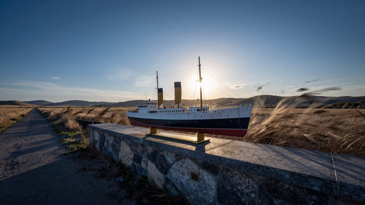 Ship Model on Windy Causeway at Blue Hour in on a wind-open causeway in Transylvania