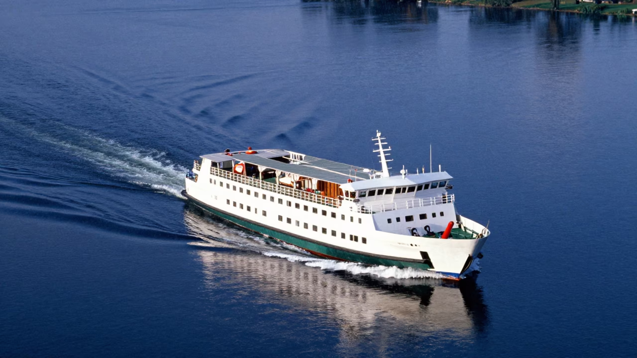Ship Wake Carving Cobalt Sea After Rain in across a remote ferry crossing in Kenya