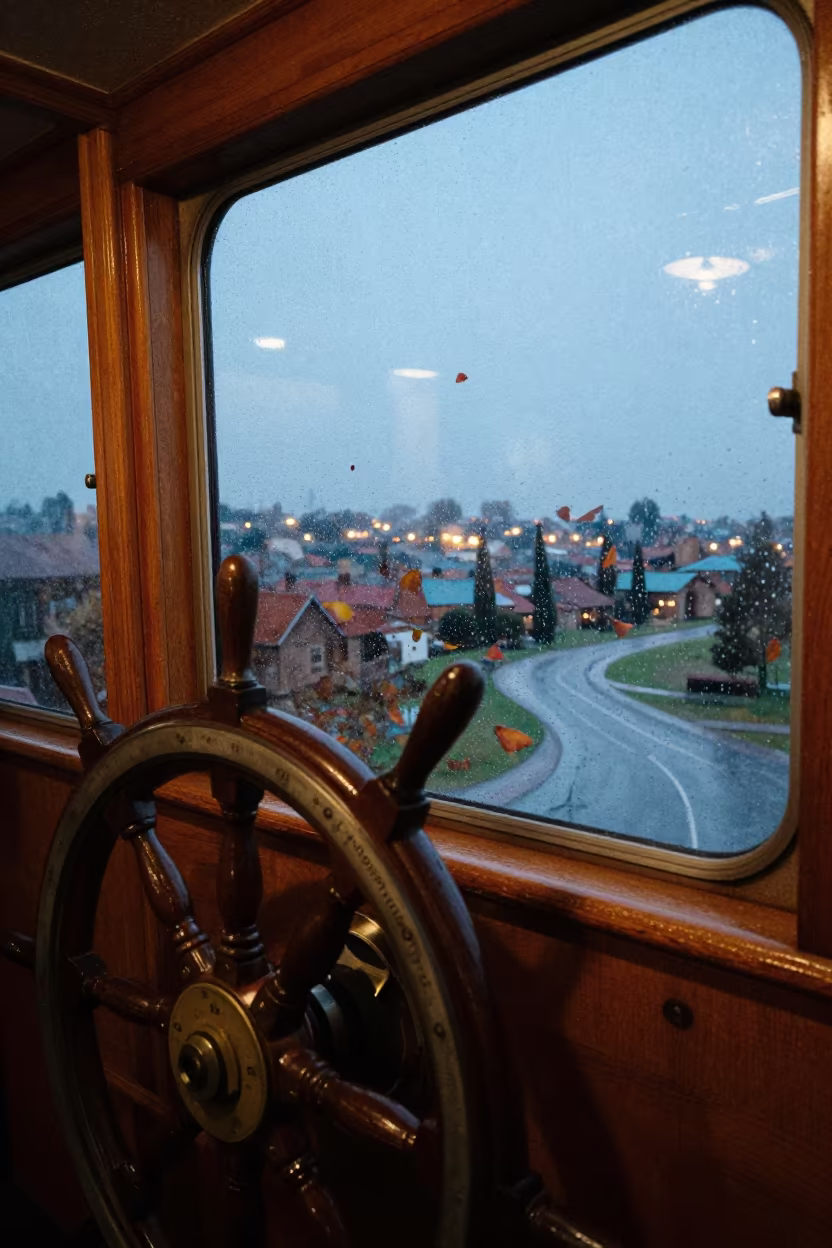 Ship Wheel in Captain's Cabin at Twilight Drizzle in along a switchback approach near San Nicolás de los Arroyos