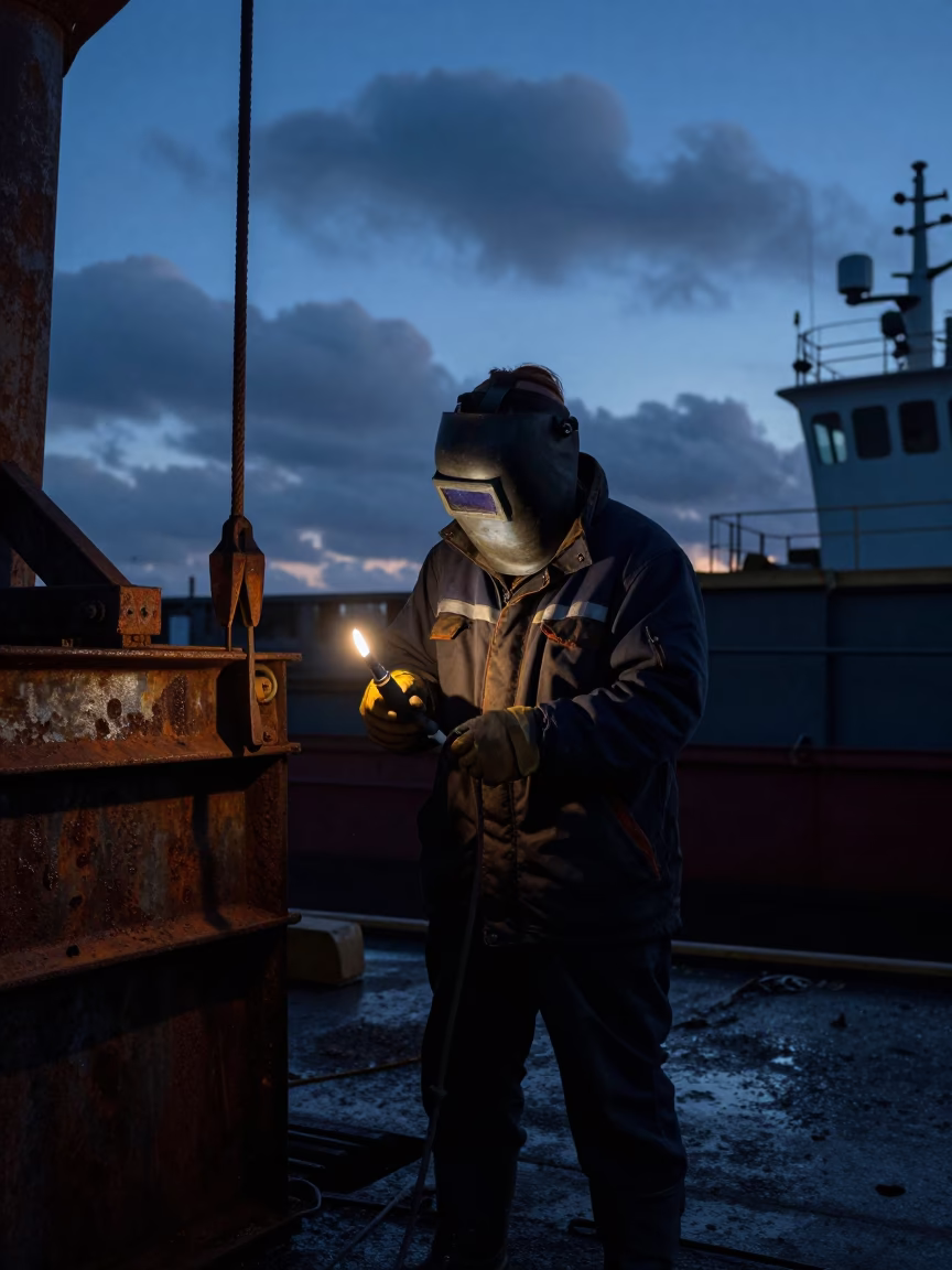 Shipbreaker in Indigo Winter Twilight in near Antwerp