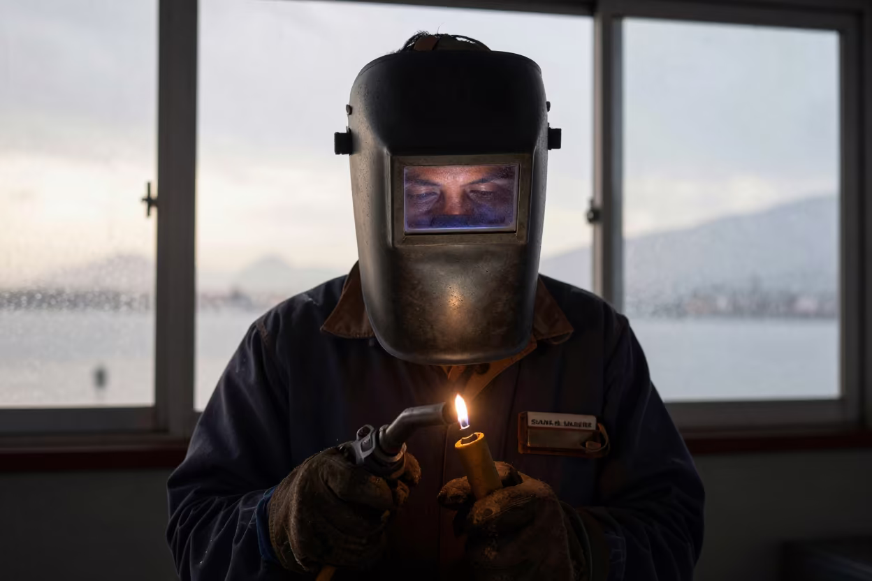 Shipbreaker Portrait with Acetylene Torch in Santa Clara in in Santa Clara