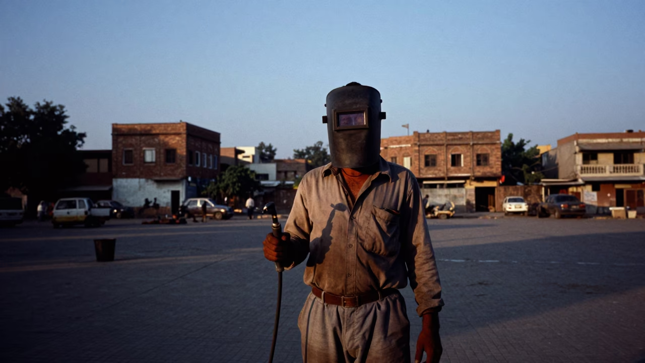 Shipbreaker With Torch in Kanpur Square Twilight in at a public square in Kanpur