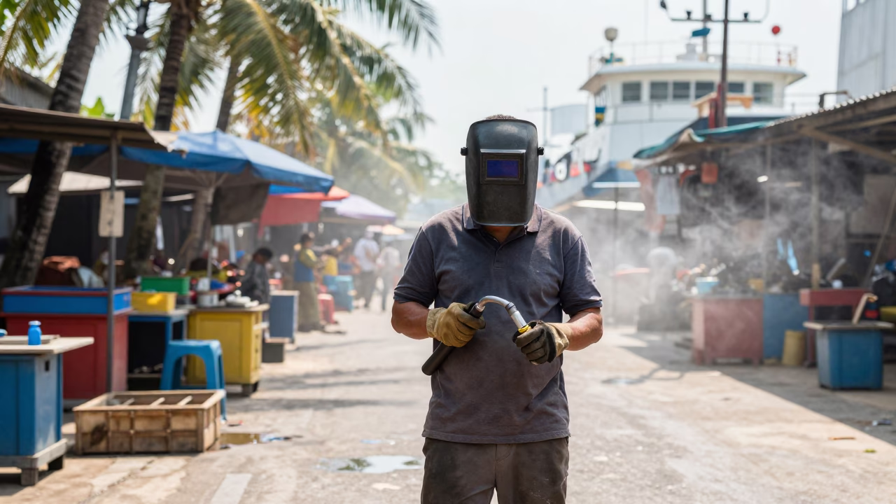 Shipbreaker with Torch in Shanghai Market Lane in along a market lane in Shanghai