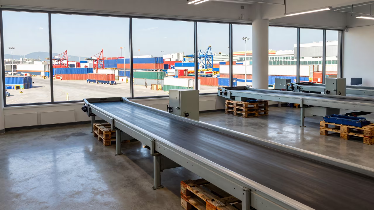 Shipping Office Window Over Barcelona Dock in at a parcel sorting belt in Gracia, Barcelona