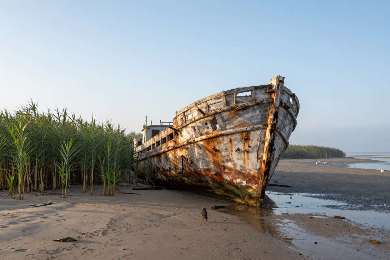 Shipwreck Hull at Dawn in Croatian Reed Bed in at the edge of a reed bed in Croatia