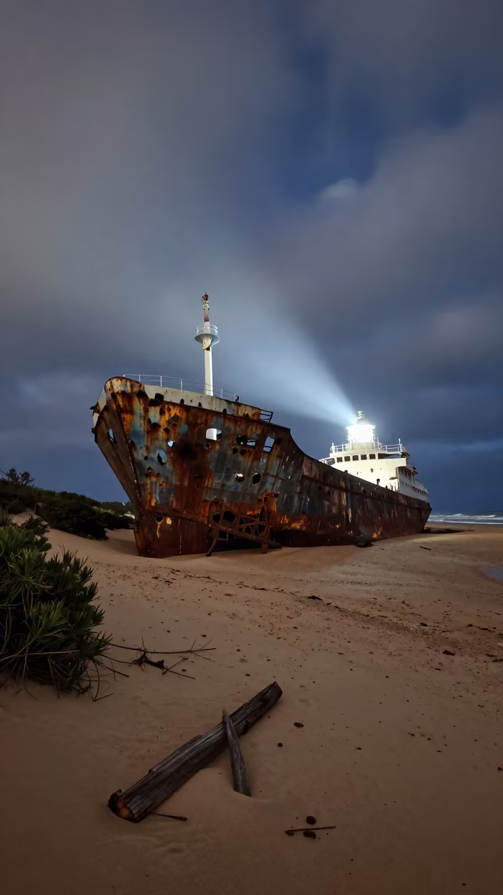 Shipwreck Hull Under Lighthouse Beam Night Sky in along a game trail in Australia
