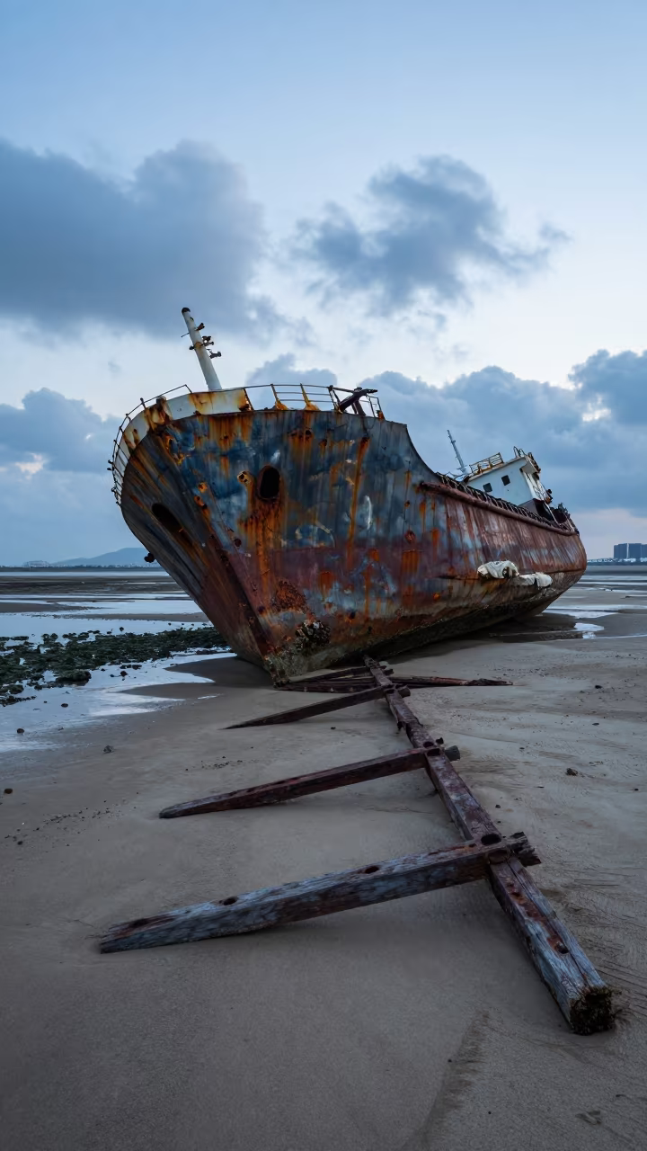 Shipwreck Hull Exposed at Low Tide Near Umeda in on a wind-scoured ridge near Umeda, Osaka