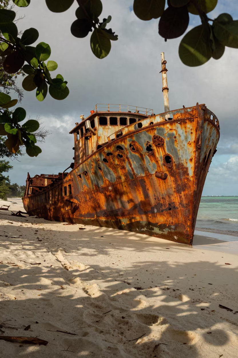 Shipwreck Hull on Tanzanian Sandy Shore in along a game trail in Tanzania