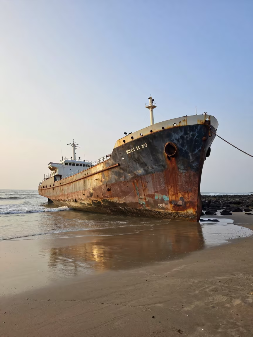 Shipwreck Hull on Wind-Scoured Mumbai Shore in on a wind-scoured ridge near Mumbai