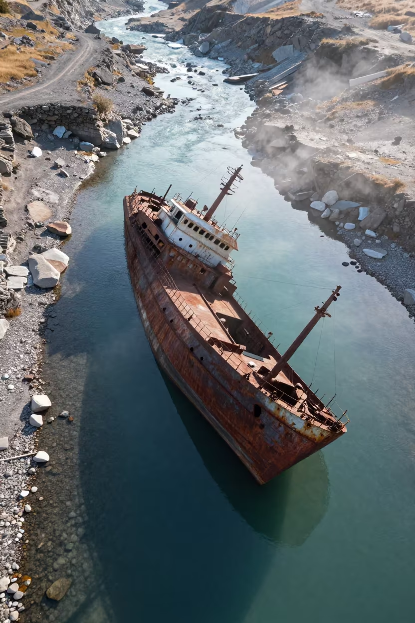 Shipwreck Silhouette in Glacial Stream Fog in above a glacial stream near Amman