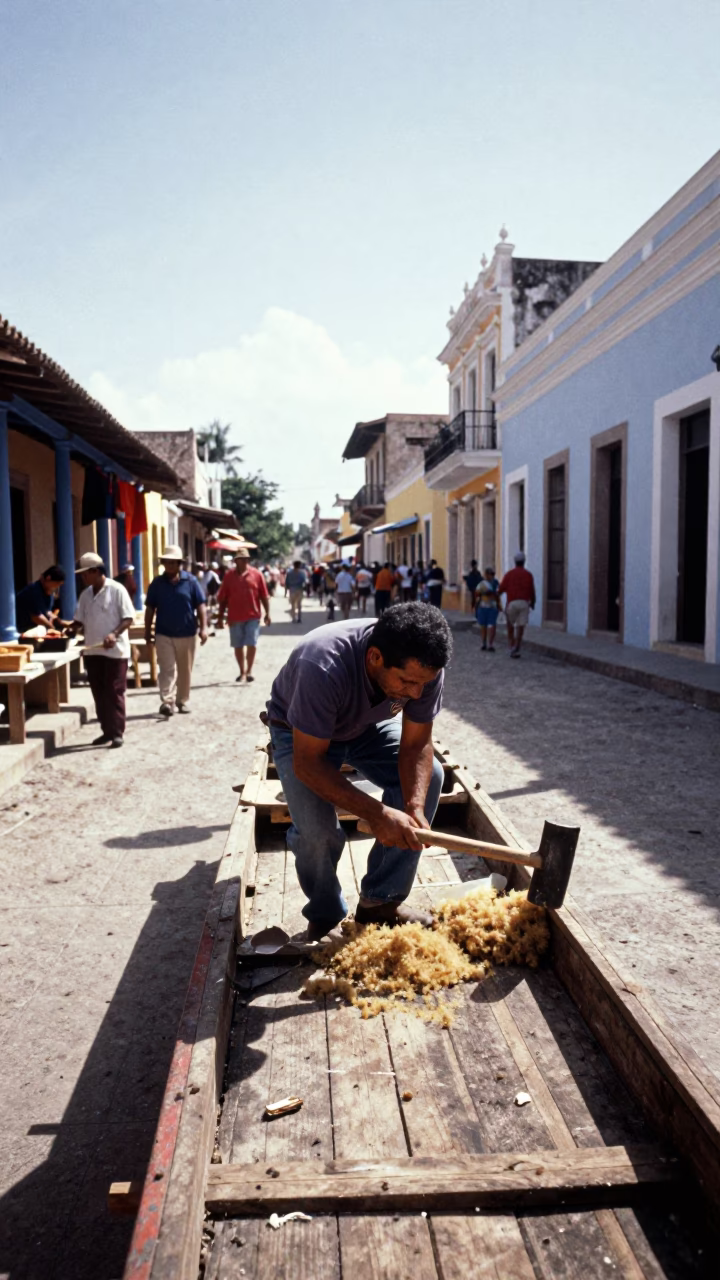 Shipwright Caulking Hull in Campeche Market Lane in along a market lane in Campeche