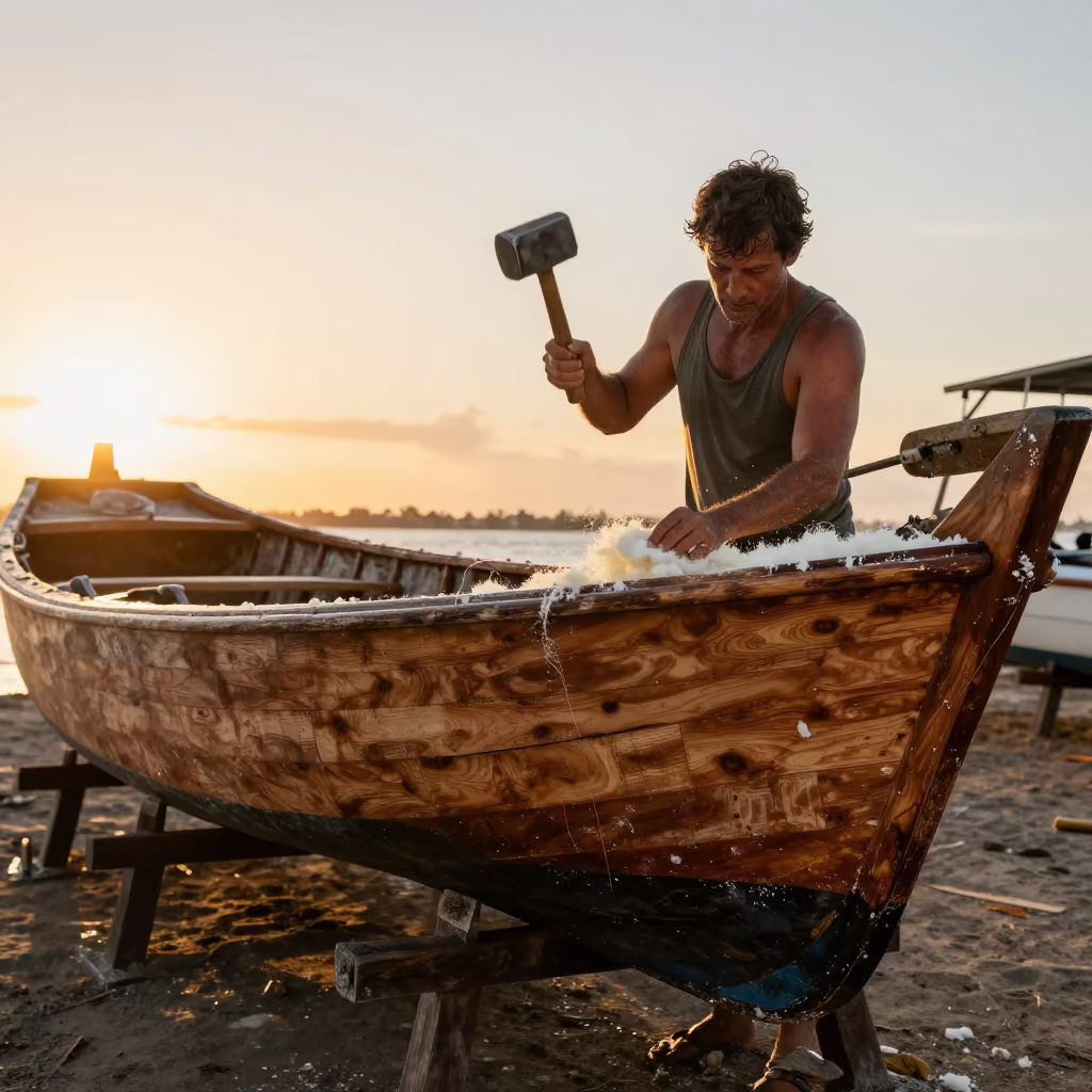 Shipwright Caulking Hull at Golden Hour Panama in near Panama City