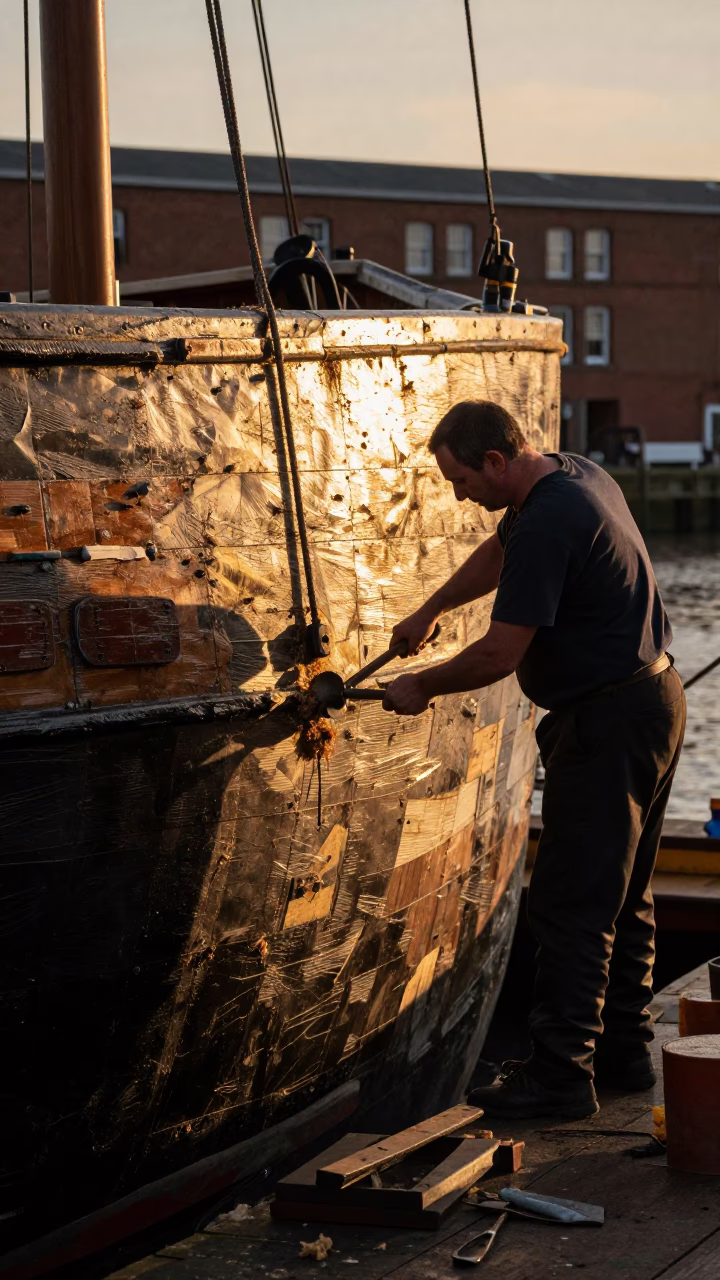 Shipwright Caulking Hull in Bristol at Sunset Light in in Bristol, United Kingdom