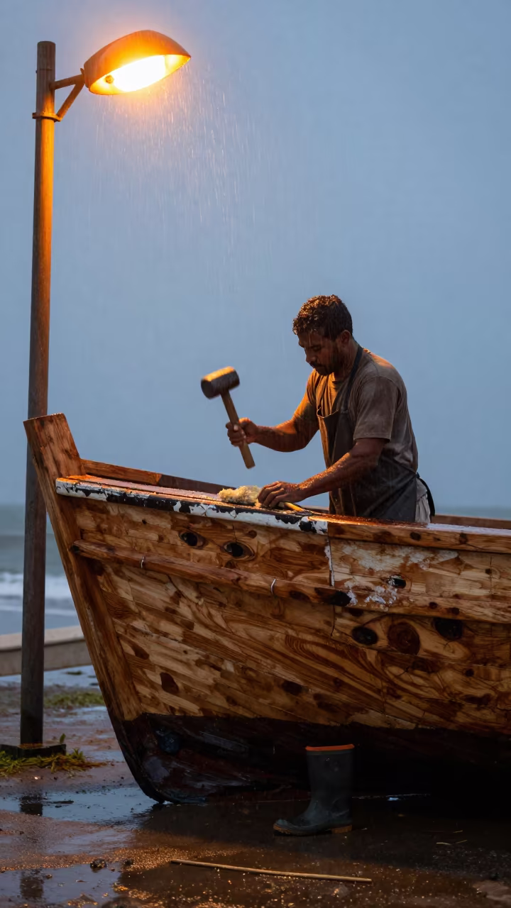 Shipwright Caulking Hull in Monsoon Dusk in near Caguas
