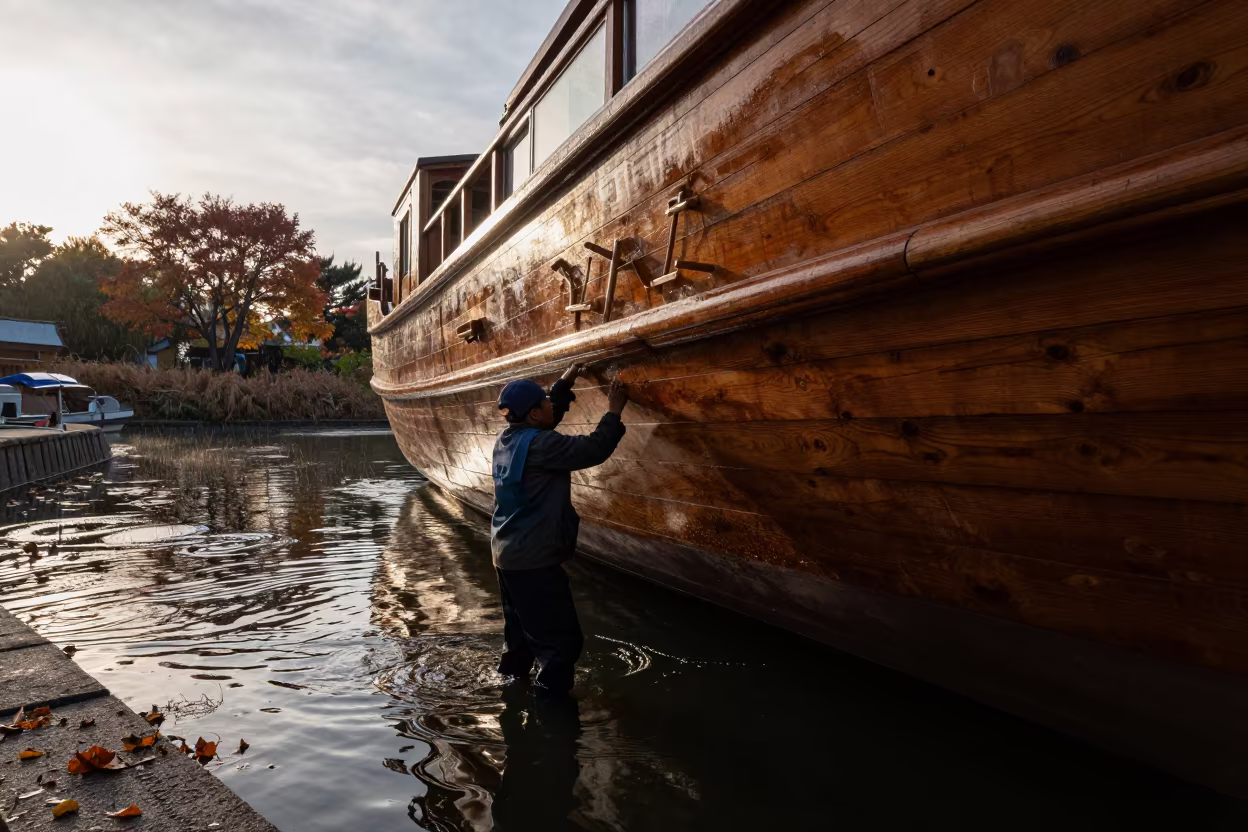 Shipwright Caulking Hull Beside Seoul Canal in beside a canal in Mangwon, Seoul