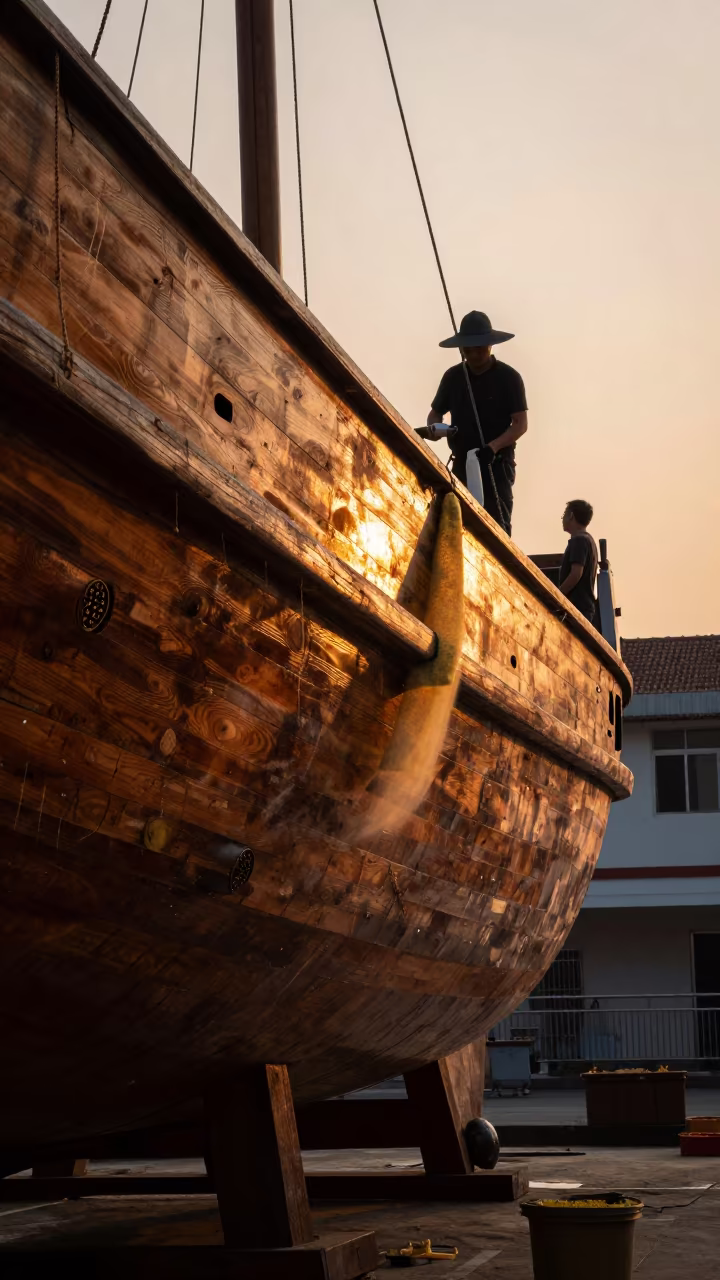 Shipwright Caulking Hull at Shenzhen Sunset in in the old quarter in Shenzhen