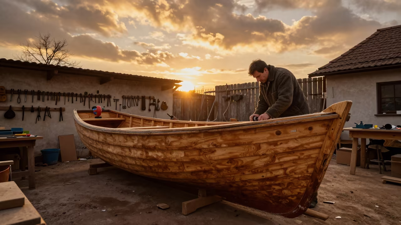 Shipwright Caulking Hull in Sibiu Golden Hour in in Sibiu